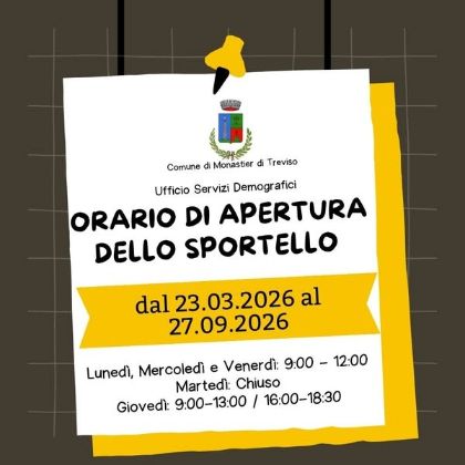 📌 Variazione orario di apertura dello sportello - SERVIZI DEMOGRAFICI